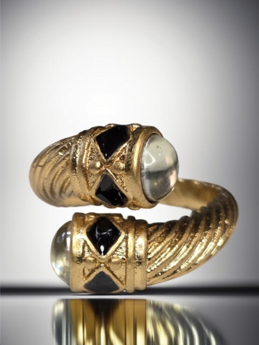 18k Gold Plated Twisted Cable Byzantine Bypass Glass Cabochon Onyx Enamel Ring